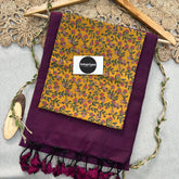 Wine Handloom Khadi Cotton Saree With Leaf Print Blouse